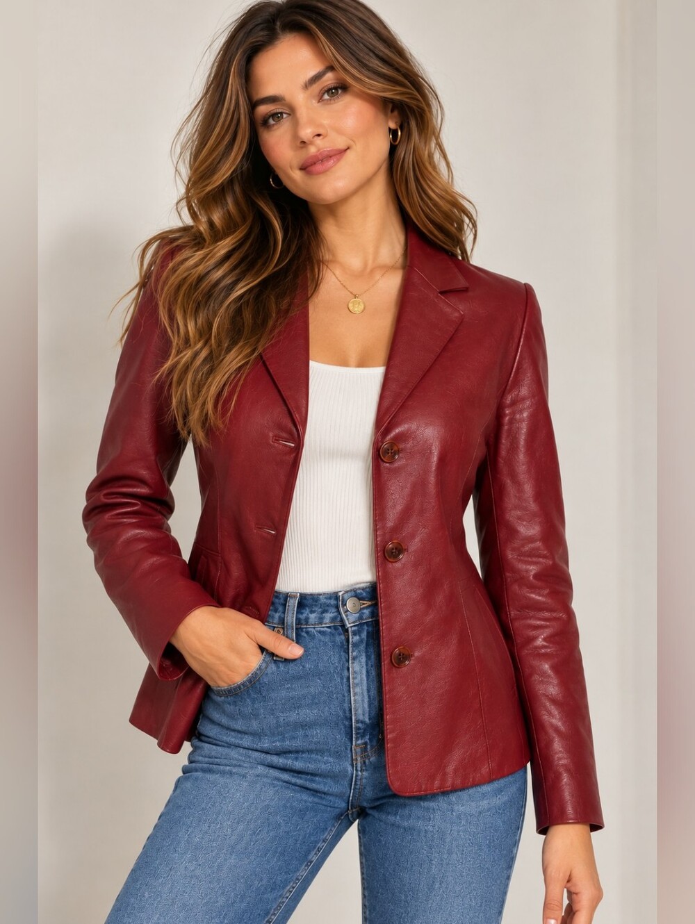 Vintage 90s Y2K Burgundy Genuine Leather Fitted Blazer Jacket S/M